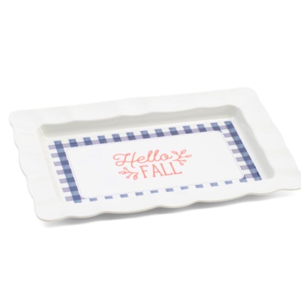 Shabby Chic Fluted Edge Gingham Border Hello Fall Melamine Serving Tray NWT